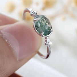 GJYombuke Sterling Silver Moss Agate Ring, Guitar Pattern Edge, 8x6mm Gemstone, Sterling Silver Rings for Women (9)