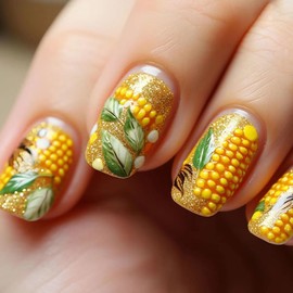 Fall Press on Nails Medium Square MABKJLF Fake Nails Yellow Full Cover Corn False Nails with Designs Glitter Glossy Glue on Nails Acrylic Nails Manicure Artificial Nails for Women Girls 24Pcs