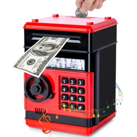 Thedttoy Kids Money Safe Piggy Bank Toy Money Bank w/Electronic Lock, Auto Scroll Paper ATM Machine Money Box Safe for 3-12 Years Old Children Boys Girls, Best Toy Gifts for Birthday Christmas (Red)