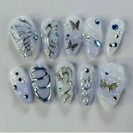 Almond Press on Nails Medium Fake Nails French Tip False Nails with Silver 3D Butterfly Designs Cute Glossy Artificial Nails for Women 24pcs