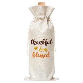 Thanksgiving Wine Bag, Fall Thankful Blessed Wine Gift Bag for Housewarming Birthday Christmas Holiday Gifts, Thanksgiving Fall Party Supplies Decor, 1 Pc Burlap Wine Bottle Cover Bag (E08)