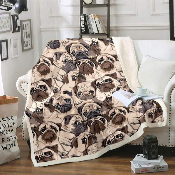 Kids Cute Dog Fleece Blanket Cartoon Pug Dog Sherpa Throw