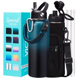 40OZ Vacuum Insulated Water Bottle - Keep Cold 48H Hot 24H, Combo Straw & Spout Lids, Survival Paracord Handle, Bottle Carrier Bag w/ Strap, Protective Cup Mat, Stainless Steel Waterbottle Flask Jug
