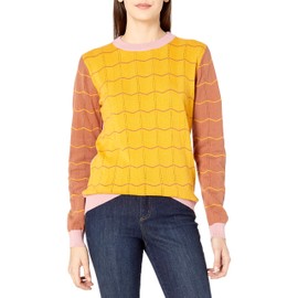Cable Stitch Women's Zig Zag Stripe Long Sleeve Sweater - Crewneck Cotton Colorblock Lightweight Pullover Knit Top (X-Large, Multi-Mustard)