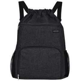 BAVELOE Drawstring Backpack with Wet Pocket & Shoe Compartment, Water-Resistant Sports Gym Swim String Bag for Women Men (Black)