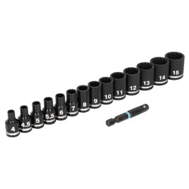 Spyder 15-Piece 1/4-inch Spline Drive Metric Shallow Impact Socket Set with Adapter, for 6pt, 12pt, Star, Square, Spline and Damaged Fasteners