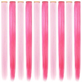MOSCSMDY 10 Pieces 21 Inch Light Pink & Pink Hair Extensions for Girls Wig Pieces Clip in Coloured Hair Extensions for Kids Colourful Hairpieces Party Highlights Multiple Colours