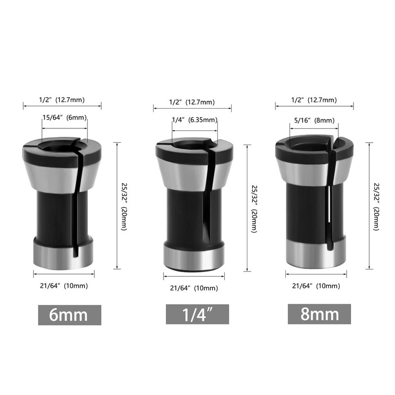 Saipe 6pcs High Precision Trimmer Collet Adapter 6mm 1/4" 8mm