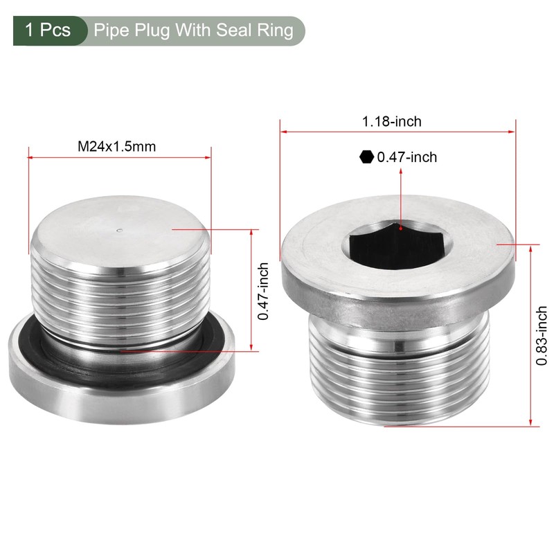 YOKIVE M24 x 1.5 Stainless Steel Pipe Plug, Internal Hex