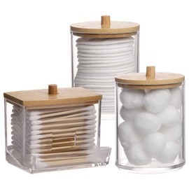 Tbestmax Qtips Holder Bathroom Container, 10/7 OZ Cotton Ball/Swabs Dispenser, Apothecary Jar Organizer for Storage Wood Lids