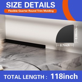 Flexible Quad Moulding, Peel and Stick, Corner Moulding Trim, Waterproof Rubber Quad Moulding, Suitable for Use on Floors, Bathrooms and Countertops (0.7” W x 0.86” H x 118” L,Black)