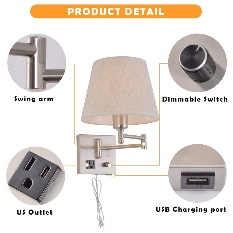 Bedside Wall Mount Light with Dimmable Switch and Outlet, Swing