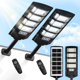 2 Pack Solar Street Lights Outdoor Waterproof 10000LM 6500K, Solar Lights Outdoor Dusk to Dawn with Wide Angle Motion Sensor and Remote, Solar Parking Lot Lights for Area Lighting Yard
