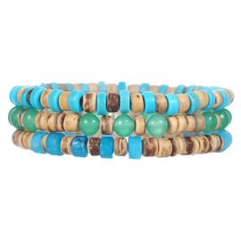 craftsmanscore 3 PCS Handmade Coconut Shell Beads Bracelet Set，Blue Turquoise Beads Gemstone Boho Beach Bracelet for Women Men (Turquoise Beads)