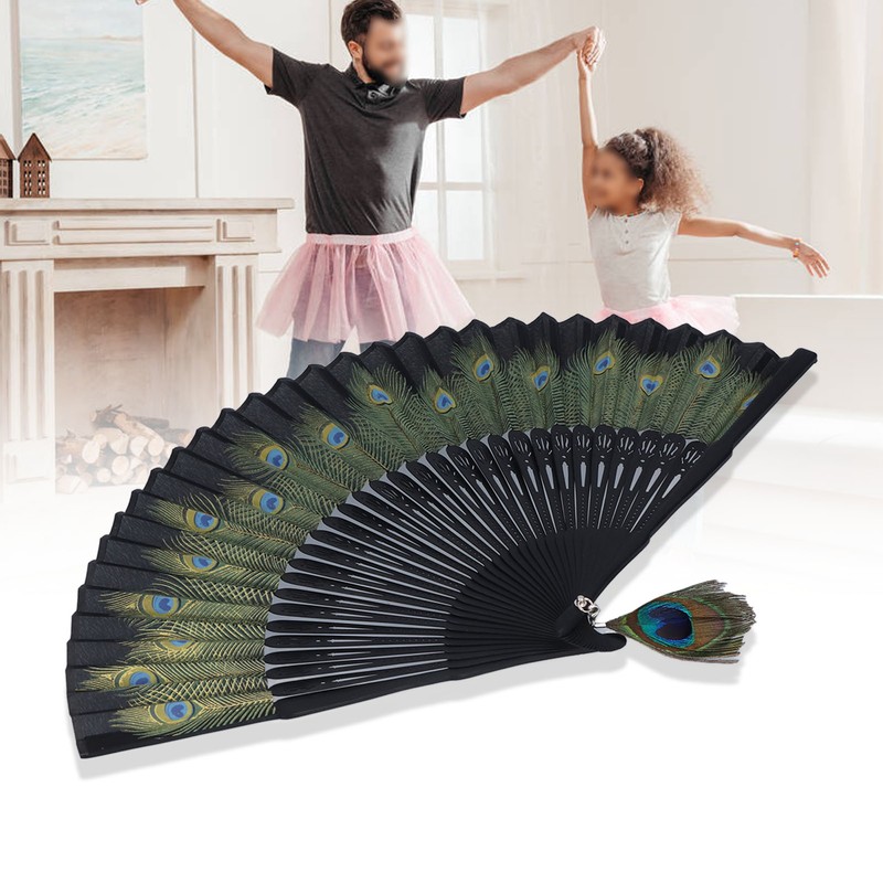 Folding Fan Black Bones Beautiful Peacock Pattern Antique Bamboo Hand
