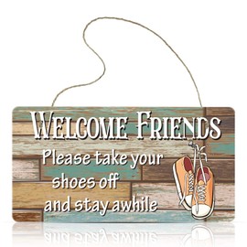 Jetec Wooden Hanging Shoes Off Sign Please Take Your Shoes Off and Stay Awhile Sign 9.8 x 5.1 Inch for Wall Art Home Decor