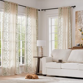 jinchan Linen Curtains for Bedroom 63 Inches Length Linen Blended Embroidered Floral Curtains for Living Room Farmhouse Decor Light Filtering Window Treatments Sage on Beige Drapes 2 Panels