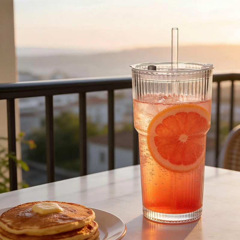 20oz Ribbed Glass Tumblers with Lids & Straws 2-Pack