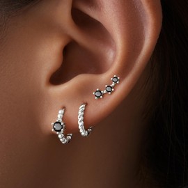 Black Gold Small Huggie Hoop Earrings for Women, 3 Paris Stud 925 Sterling Silver Hypoallergenic CZ Black Diamond Earring Stack, Trendy Dainty Fashion Jewelry Gifts for Women