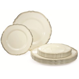 " OCCASIONS " 120 Plates Pack,(60 Guests) Heavyweight Premium Wedding Party Disposable Plastic Plates Set -60 x 10.25'' Dinner + 60 x 7.5'' Salad/Dessert (Rochelle Ivory and Gold)