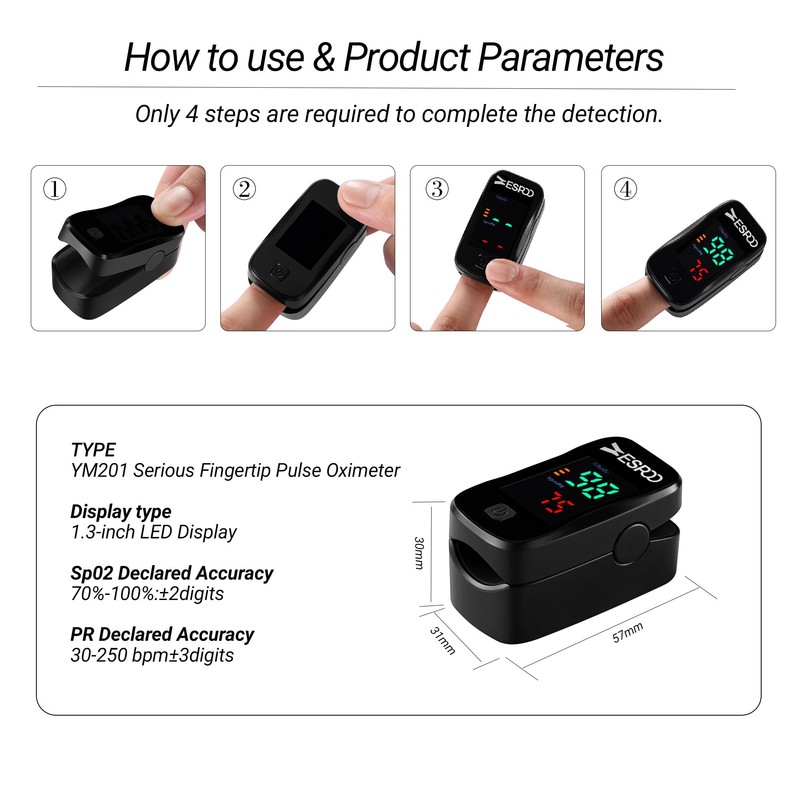 ESPOO Pulse Oximeter, Oxygen Monitor Fingertip with 2 AAA Batteries&Lanyard