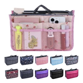 JJ PRIME - Multi Compartment Bag Handbag Insert | Expandable Handbag Organiser Insert | Pink Tote Bag Organiser Insert | Tote Bag Divider Organiser with 13 Pockets (Cherry, Pink)