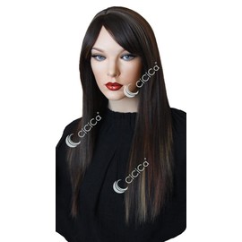 CiCiCa Synthetic Full Cap Wig, 24 Inches Long Wig with Swept Bang, Straight Dark Mixed Brown Premium Heat Resistant Hair Replacement for Women Daily Use. 1 count