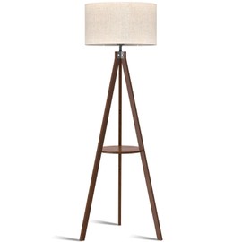 LEPOWER Mid Century Wood Standing Lamp, Modern Design Shelf Floor Lamp for Living Room, Bedroom, Office, Flaxen Shade with E26 Base, Perfect for Reading or Ambient Lighting Dark Brown
