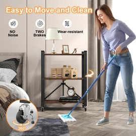 3 Tier Vintage Multifunctional Folding Shelf with Wheels, Portable Heavy Duty Storage Shelving, No-Assembly Folding Bookshelf, Metal Collapsible Rack Unit for Kitchen, Office, Bedroom, Rustic Brown