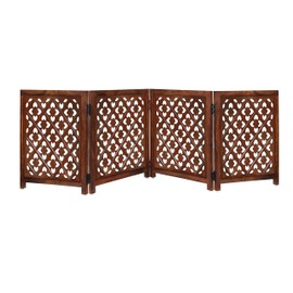 Wooden Foldable Pet Dog Safety Gate - 4 Panels Lattice 20 W x 24 H - Hand Carved Solid Wood & MDF - Free Standing Portable Indoor Doorway Hall Stairs Puppy Fence - Assembled - Antique Brown - IRONGATE