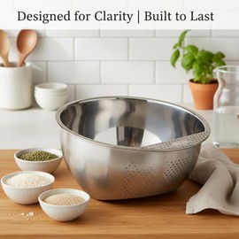 Helen's Asian Kitchen Professional Rice Washing Bowl – Stainless Steel Rice Rinser Strainer with Side Drainer, 3-Quart Capacity. Ideal for Quinoa, Rice, Grains, Legumes, Vegetables. Kitchen Essential