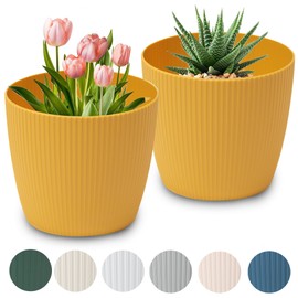 PECZEKO Matte Flower Pot, Plastic Planter, Decorative Pot for Large Plants, 2 x Flower Pot Set, Flower Pot Herb Pot, (2 Pack) Mustard, Diameter 19 cm