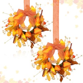 Thiccywoov 2 Pcs 9" Small Fall Wreath for Cabinet with Carambola Leaf Rustic Orange Ribbon Bow Artificial Leaf Wreath Autumn Garlands for Kitchen Cabinet Front Door Window Home Wall Indoor Decor