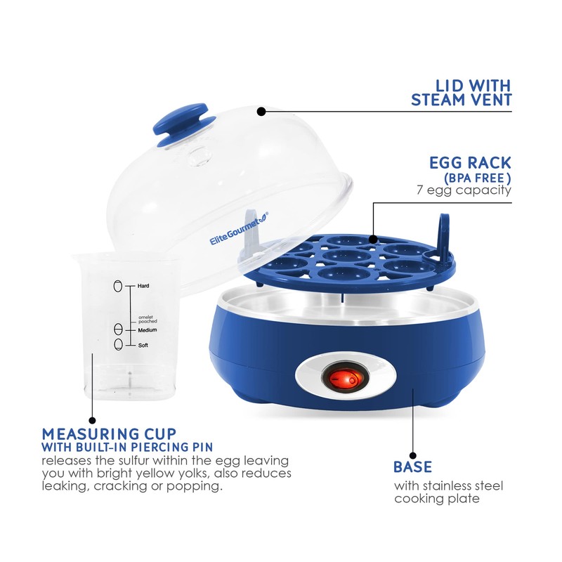 Elite Gourmet EGC322CBL Easy Egg Cooker Electric 7-Egg Capacity, Soft,