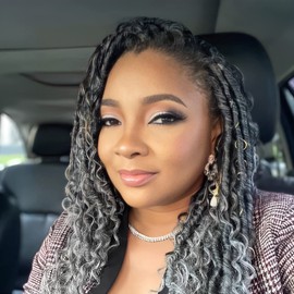 Faux Locs Crochet Hair 10 Inch Ombre Goddess Locs Crochet Hair for Women Soft River Locs Curly Pre Looped Crochet Braids with Curly Ends Boho Hippie Locs Synthetic Hair Extensions(6 packs, 1b/grey)