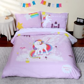 Vicimi Purple Duvet Covers Queen Size, 3 Piece Unicorn Rainbow Bedding Set, Girls Bedroom Decor with 1 Duvet Cover 89x89 inches + 2 Pillowcases