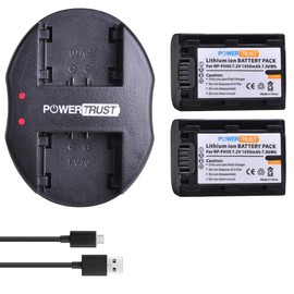 PowerTrust 2-Pack NP-FH50 Battery + USB Dual Charger for Sony NP-FH40 NP-FH30 Series Batteries and DSC-HX1 HX100 HX100V HX200 HX200V HDR-TG1E TG3 TG5 TG7 A230 A290 A330 A390