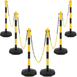 Traffic Delineator Post Cone, Plastic Stanchion Post Set Crowd Control Stands Barrier with 6.6 ft Link Chain and S Hooks for Parking Lot Construction Caution Roads, Yellow, Black (6 Sets)