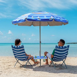 Jihfmo 7ft Beach Umbrella with Built-in Table Tray，UPF 50+ beach umbrellas for sand heavy duty wind portable, Windproof Outdoor Shade Umbrella for Patio Garden (Summer Sailboat)