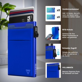 TOYFID Credit Card Holder with Coin Pocket, RFID Protection Pop Up Wallet, Men's Wallet, Mini Wallet, Minimalist and Wallet on the Back of Phone, blue, Modern