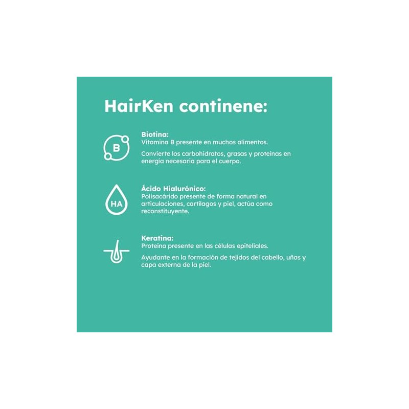 Biotina Ácido Hialurónico y Keratina Hairken 60 cápsulas toma para
