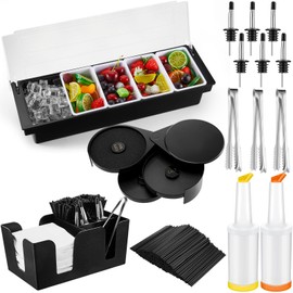 Mifoci Garnish Tray with Lid Bar Caddy 3 Tier Bar Glass Rimmer 12 Stainless Steel Classic Bottle Pourers 2 Plastic Juice Pour Bottles 1000 Count Cocktail Stirrers 3 Serving Tongs Set (5 Compartments)