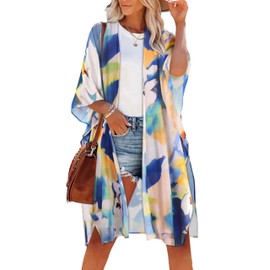 Women's Summer Kimono Beach Coverups Casual Loose Swimsuit Cardigans for Swimwear(Blue Yellow Flower,L)
