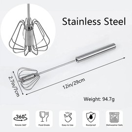 12 Inch Premium Egg Whisk, Semi-Auto Egg Whisk Hand Push Press Whisk, Stainless Steel Egg Beater Rotating Push Mixer Stirrer Kitchen Utensil Whisking Beating Mini Whisk Cooking Utensils for Blending