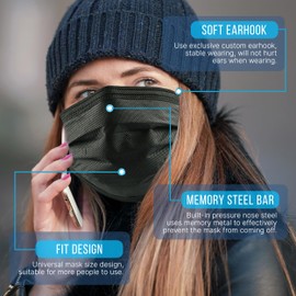 SereneLife 50 Count Disposable Face Masks | Breathable 3-Ply Layers | Made from Non-Woven Fabric | Comfortable Earloops | Daily Use & Personal Care | Easy to Use & Disposable | For Adults (Black)