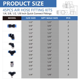 45PCS Air Line Fitting Kit, NPT Thread Push To Connect Fittings, Nylon Tubing 1/4, 3/8, 1/8, 1/2" Quick Connect, Air Line Fittings assortment kit for Automotive Car or Industrial Workshops