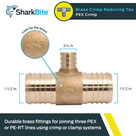 SharkBite 1-1/2 x 1-1/2 x 3/4 Inch Brass Crimp Reducing Tee, PEX Pipe, PE-RT, UC08414122