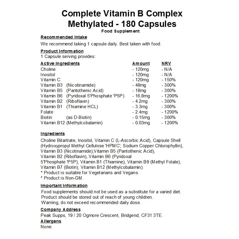 Complete Vitamin B Complex Capsules - 8 B Vitamins -
