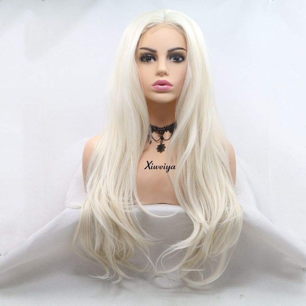 Xiweiya Platinum Blonde Wig Long Body Wave Hair Lace Wig, Blonde Synthetic Wig for Women Machine Made Wigs with Centre, Heat Resistant Cosplay Party Wigs 180 Density 61cm