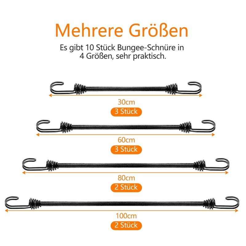 Pack of 10 Elastic Straps with Hooks Set 30 cm